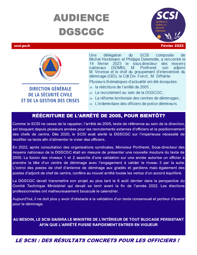 AUDIENCE DIRECTION GÉNÉRALE DE LA SÉCURITÉ CIVILE ET DE LA GESTION DES CRISES (DGSCGC)