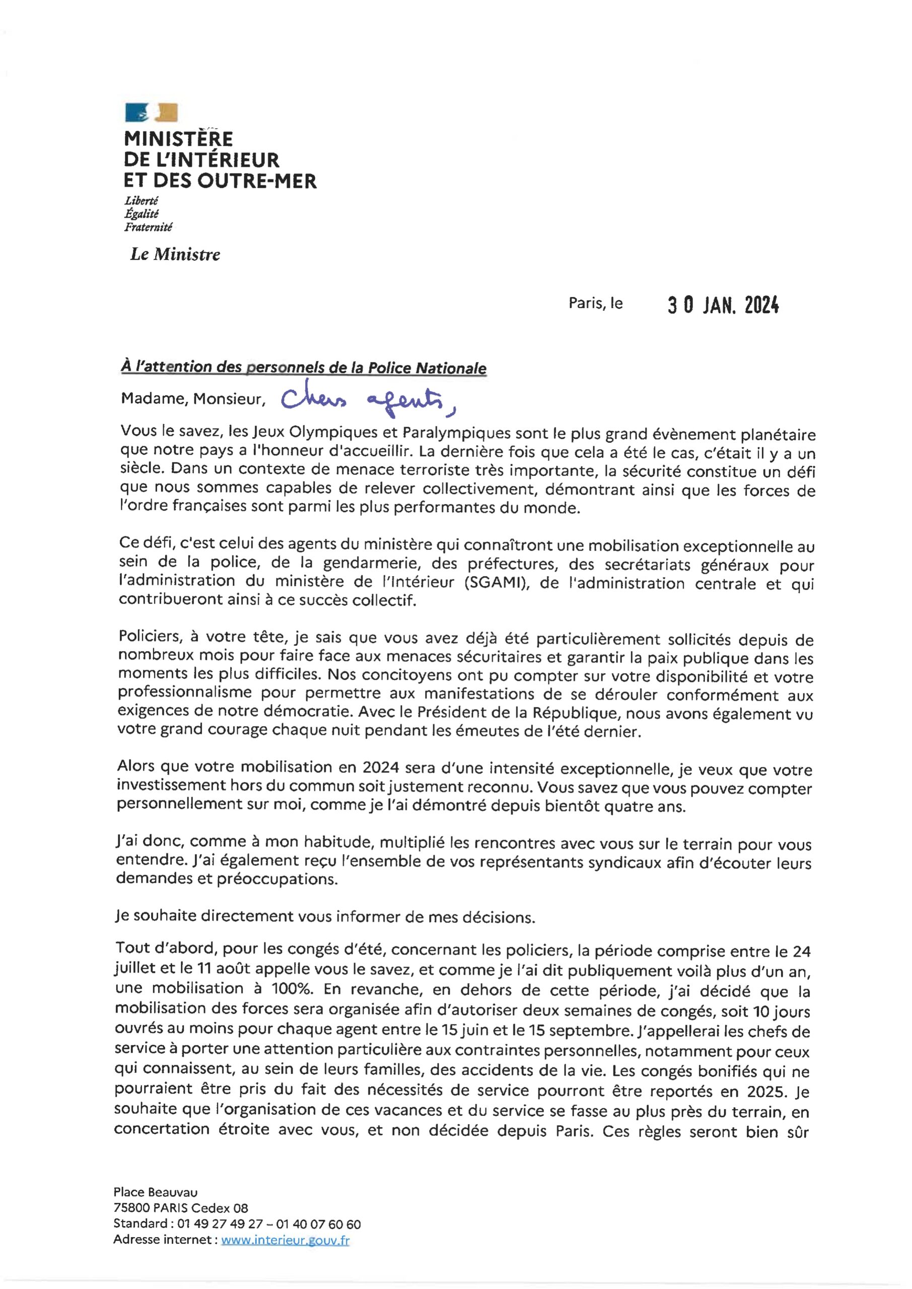 LETTRE DU MINISTRE DE L’INTÉRIEUR À L’ATTENTION DES PERSONNELS DE LA POLICE NATIONALE