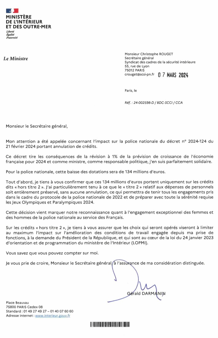 COURRIER DU MINISTRE DE L’INTÉRIEUR AU SECRÉTAIRE GÉNÉRAL CHRISTOPHE ROUGET