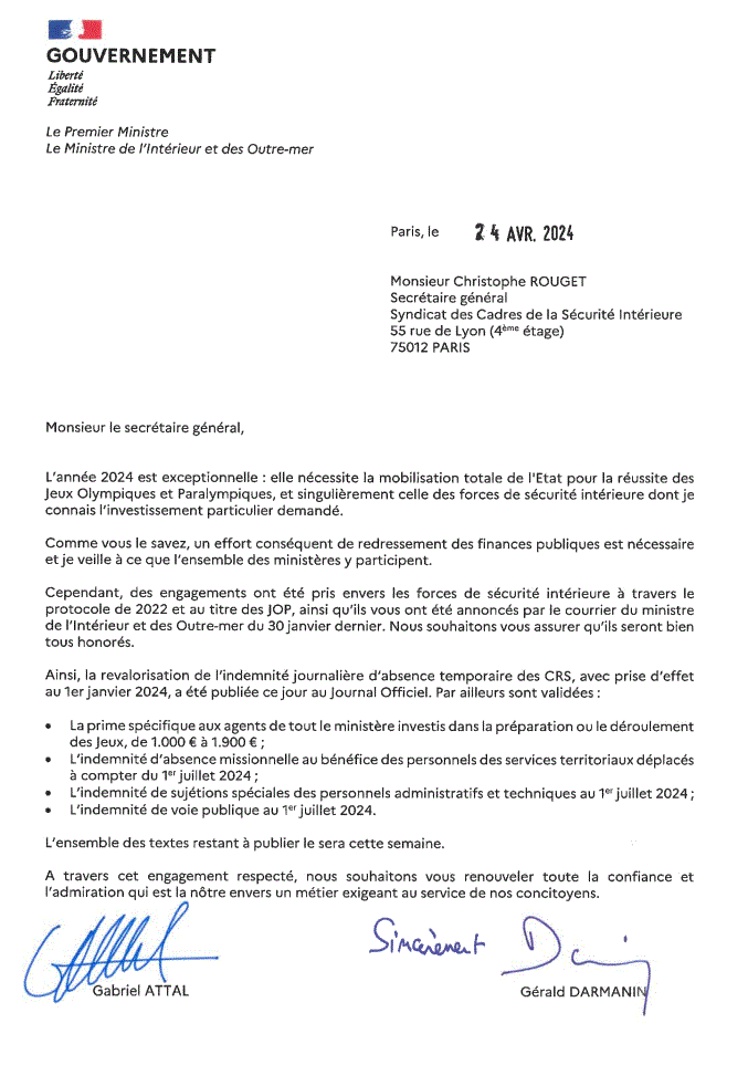 COURRIER DU MINISTRE DE L’INTÉRIEUR À CHRISTOPHE ROUGET, SECRÉTAIRE GÉNÉRAL