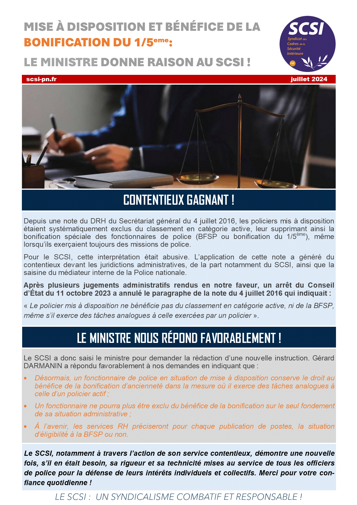 MISE À DISPOSITION ET BÉNÉFICE DE LA BONIFICATION DU 1/5eme: LE MINISTRE DONNE RAISON AU SCSI !