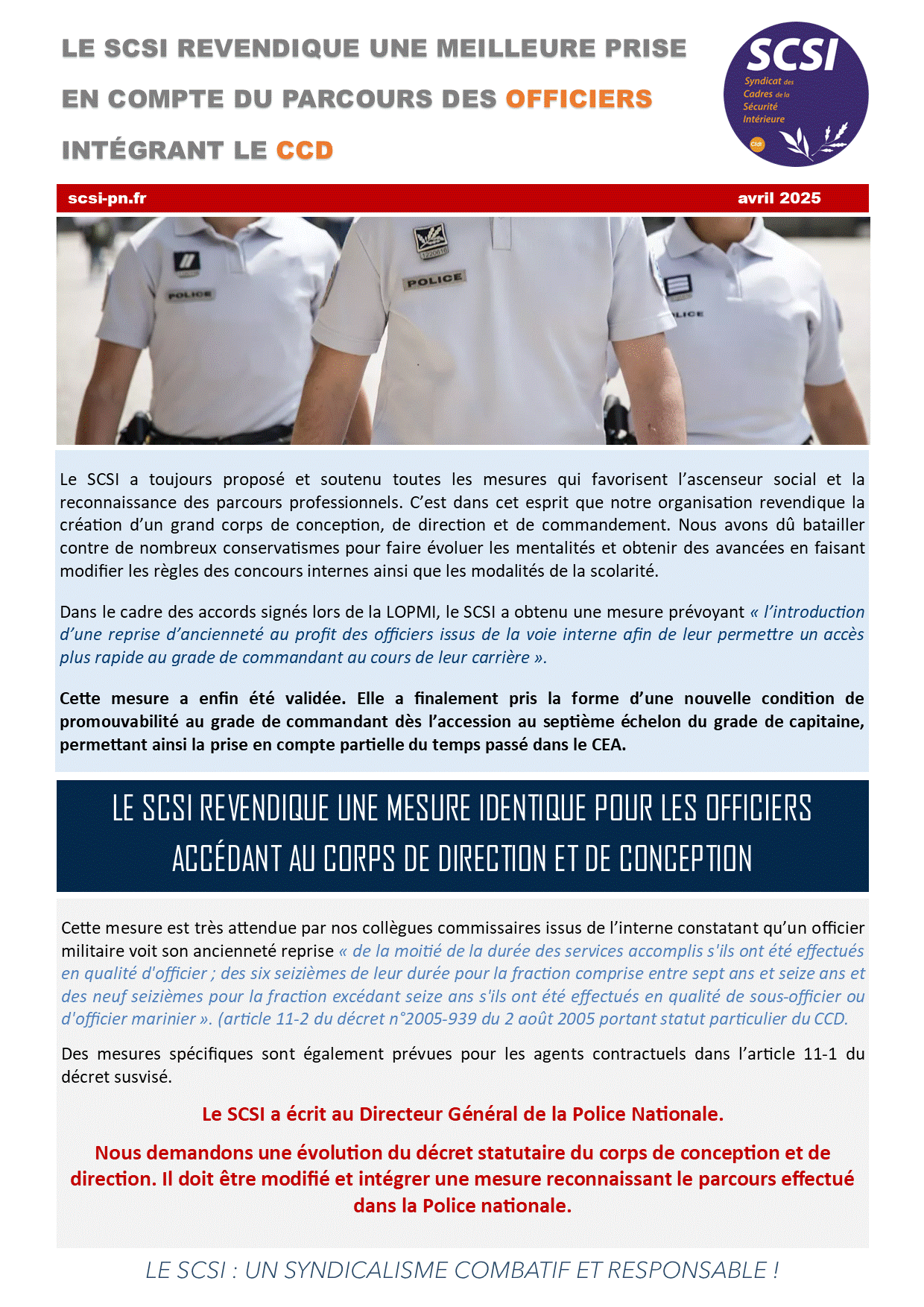 LE SCSI REVENDIQUE UNE MEILLEURE PRISE EN COMPTE DU PARCOURS DES OFFICIERS INTÉGRANT LE CCD
