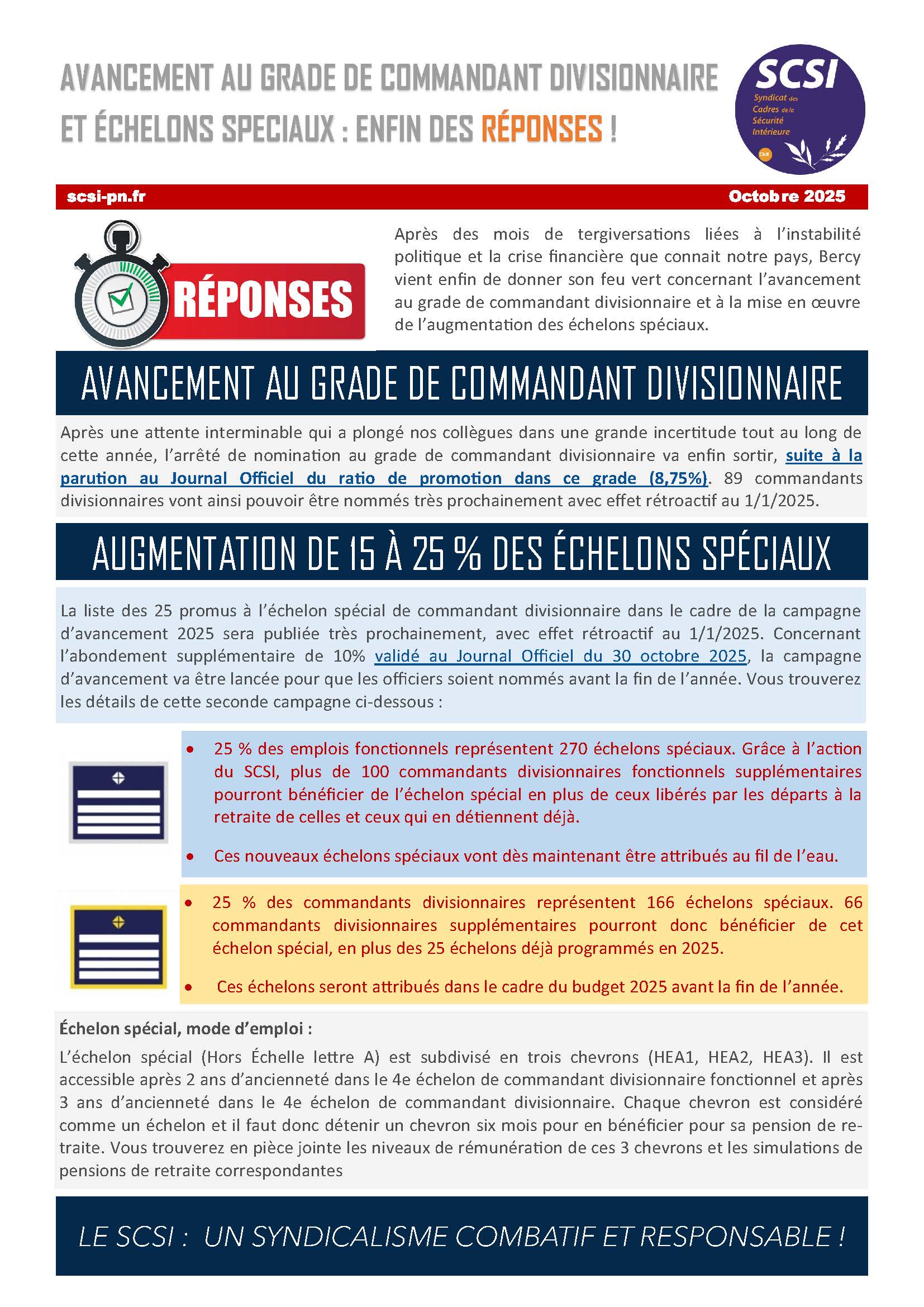 AVANCEMENT AU GRADE DE COMMANDANT DIVISIONNAIRE ET ÉCHELONS SPECIAUX : ENFIN DES RÉPONSES !