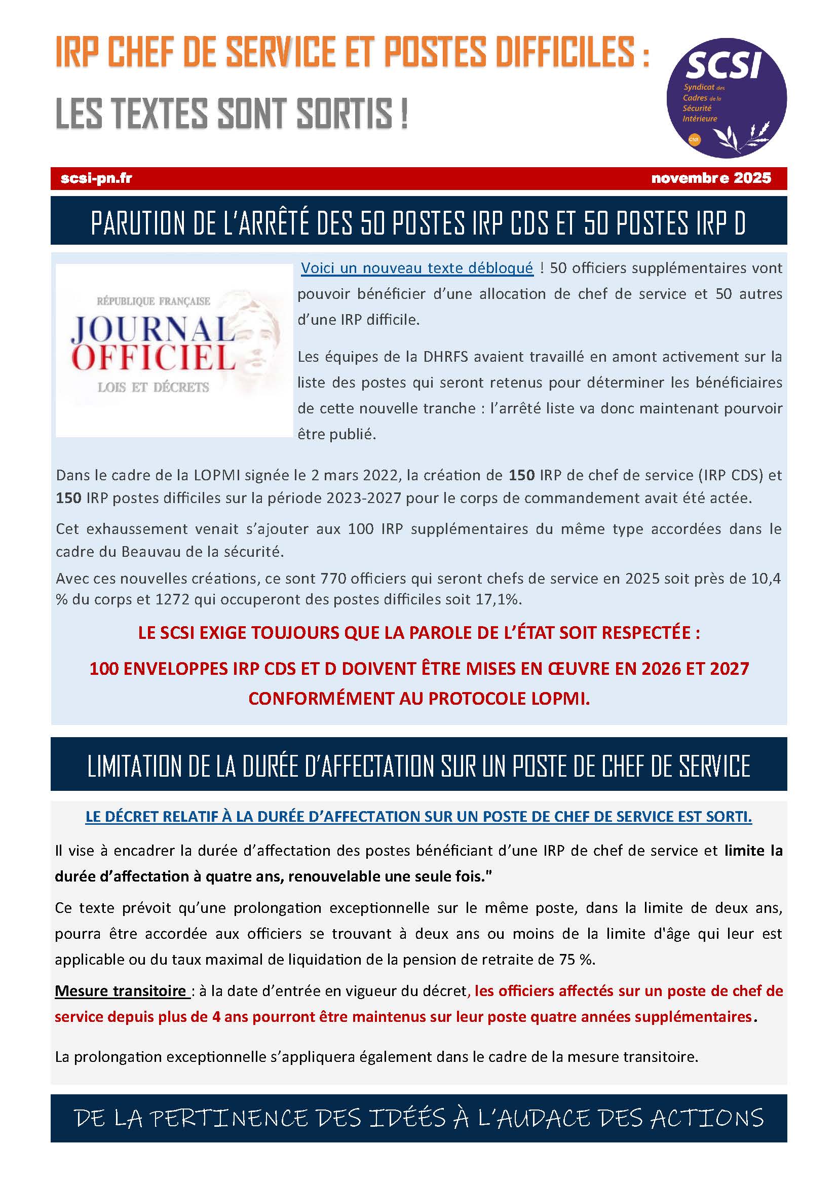 IRP CHEF DE SERVICE ET POSTES DIFFICILES : LES TEXTES SONT SORTIS !