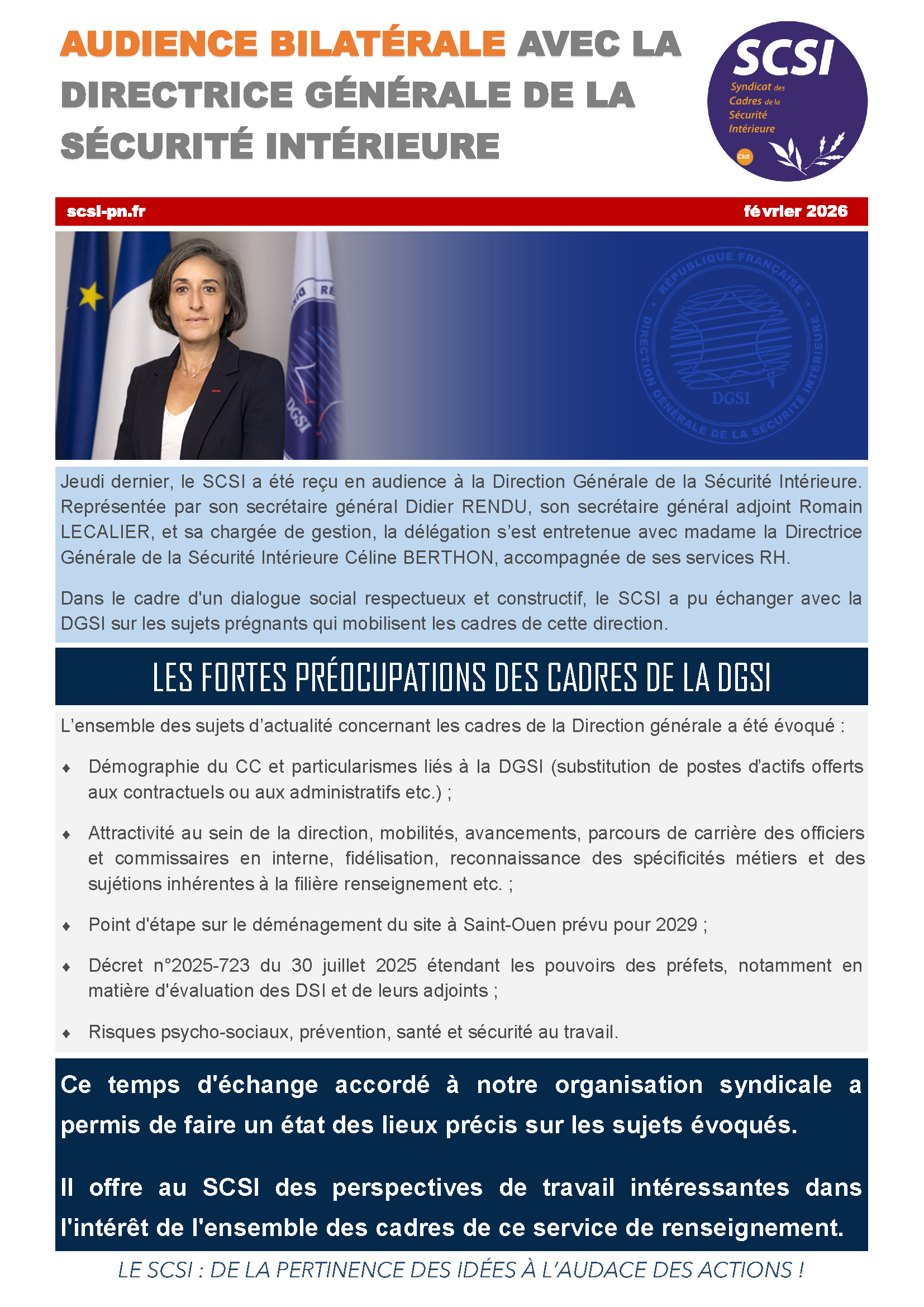 AUDIENCE BILATÉRALE AVEC LA DIRECTRICE GÉNÉRALE DE LA SÉCURITÉ INTÉRIEURE