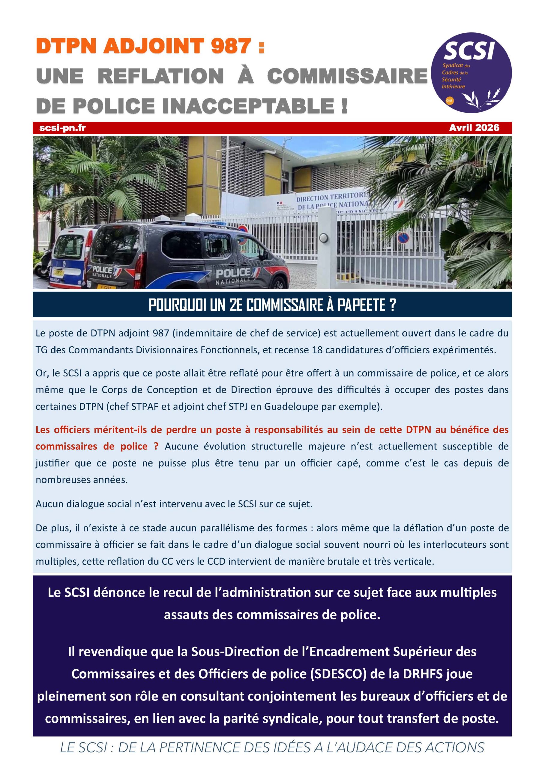 DTPN ADJOINT 987 : UNE REFLATION À COMMISSAIRE DE POLICE INACCEPTABLE !