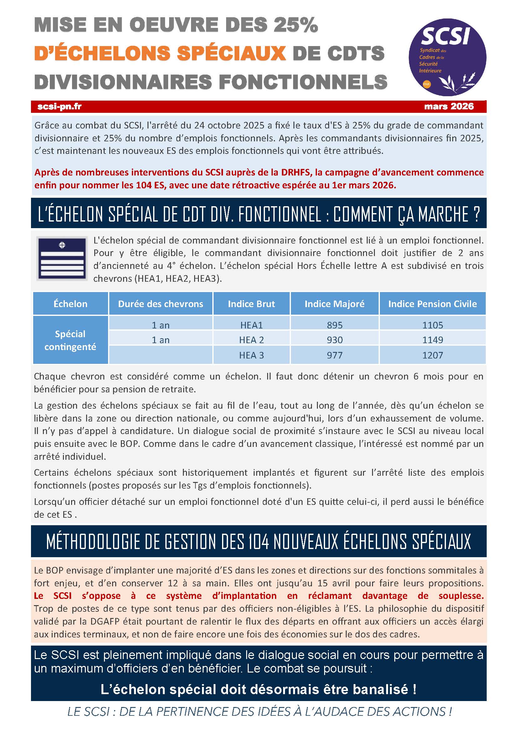 MISE EN OEUVRE DES 25% D’ÉCHELONS SPÉCIAUX DE CDTS DIVISIONNAIRES FONCTIONNELS