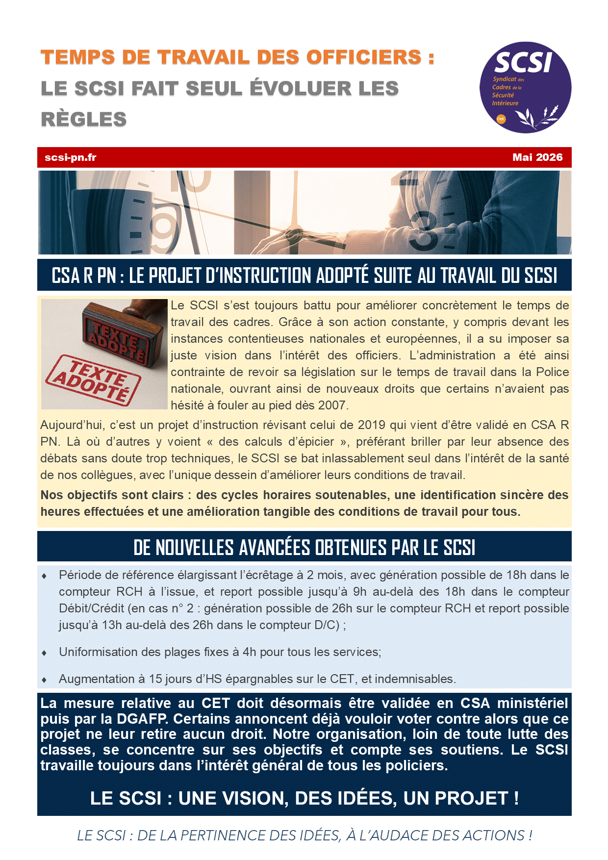 TEMPS DE TRAVAIL DES OFFICIERS :  LE SCSI FAIT SEUL ÉVOLUER LES RÈGLES