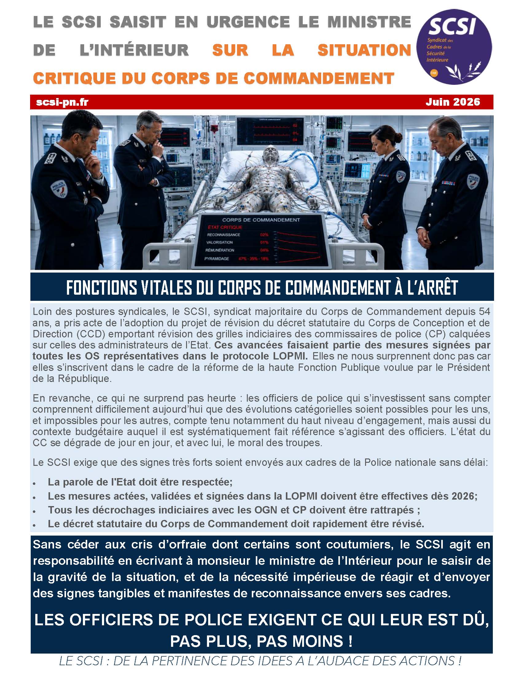 LE SCSI SAISIT EN URGENCE LE MINISTRE DE L’INTÉRIEUR SUR LA SITUATION CRITIQUE DU CORPS DE COMMANDEMENT