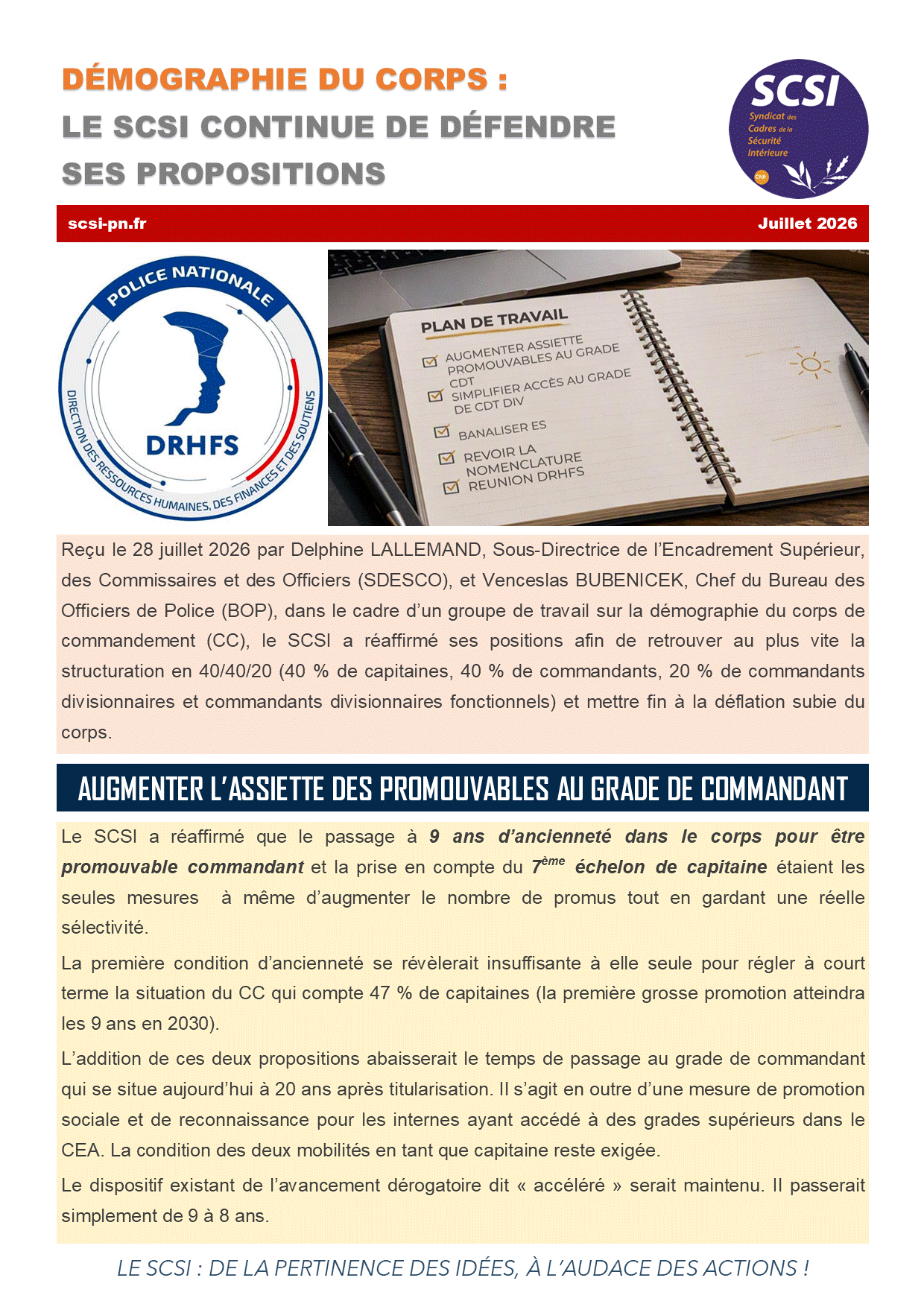 DÉMOGRAPHIE DU CORPS : LE SCSI CONTINUE DE DÉFENDRE SES PROPOSITIONS