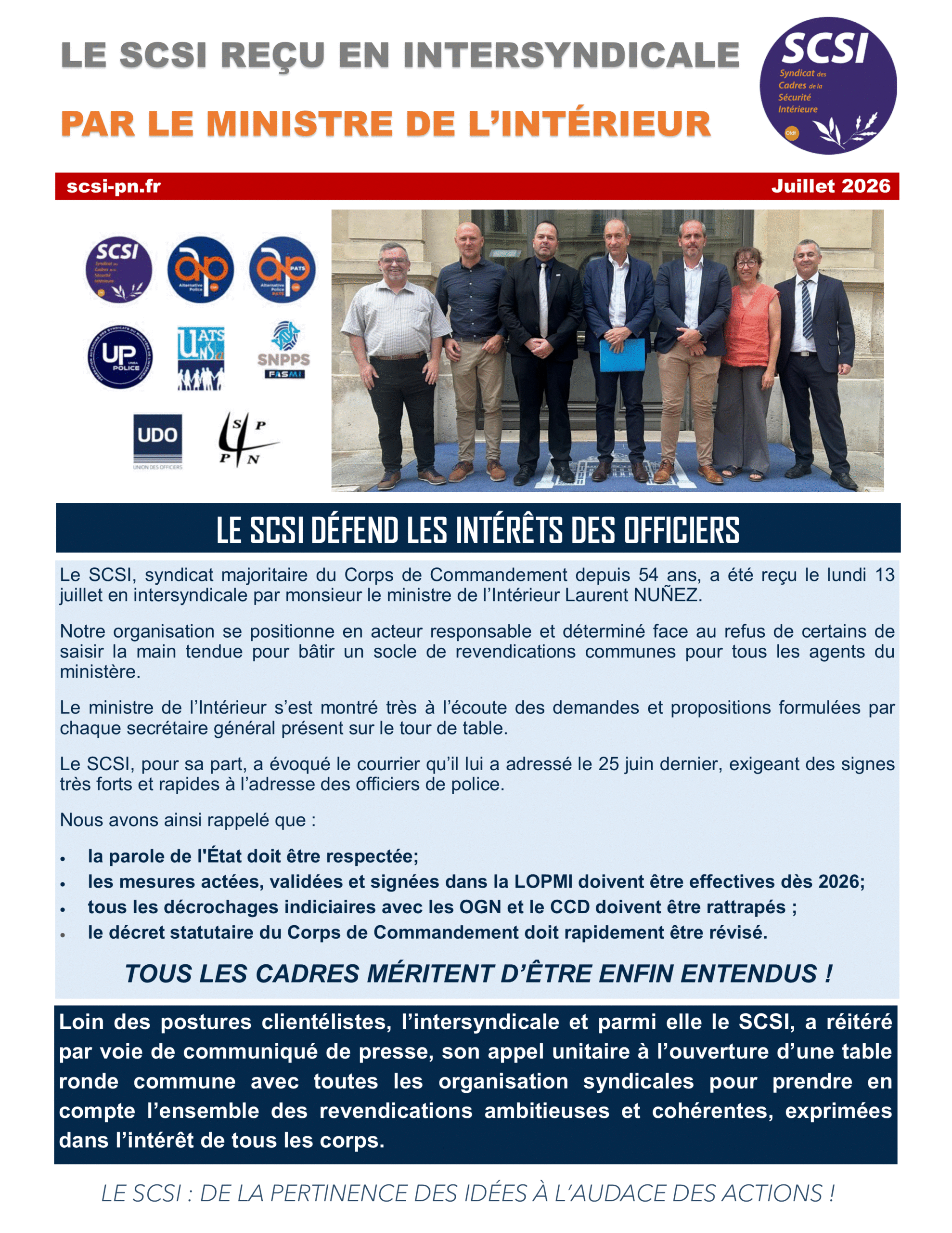 LE SCSI REÇU EN INTERSYNDICALE PAR LE MINISTRE DE L’INTÉRIEUR