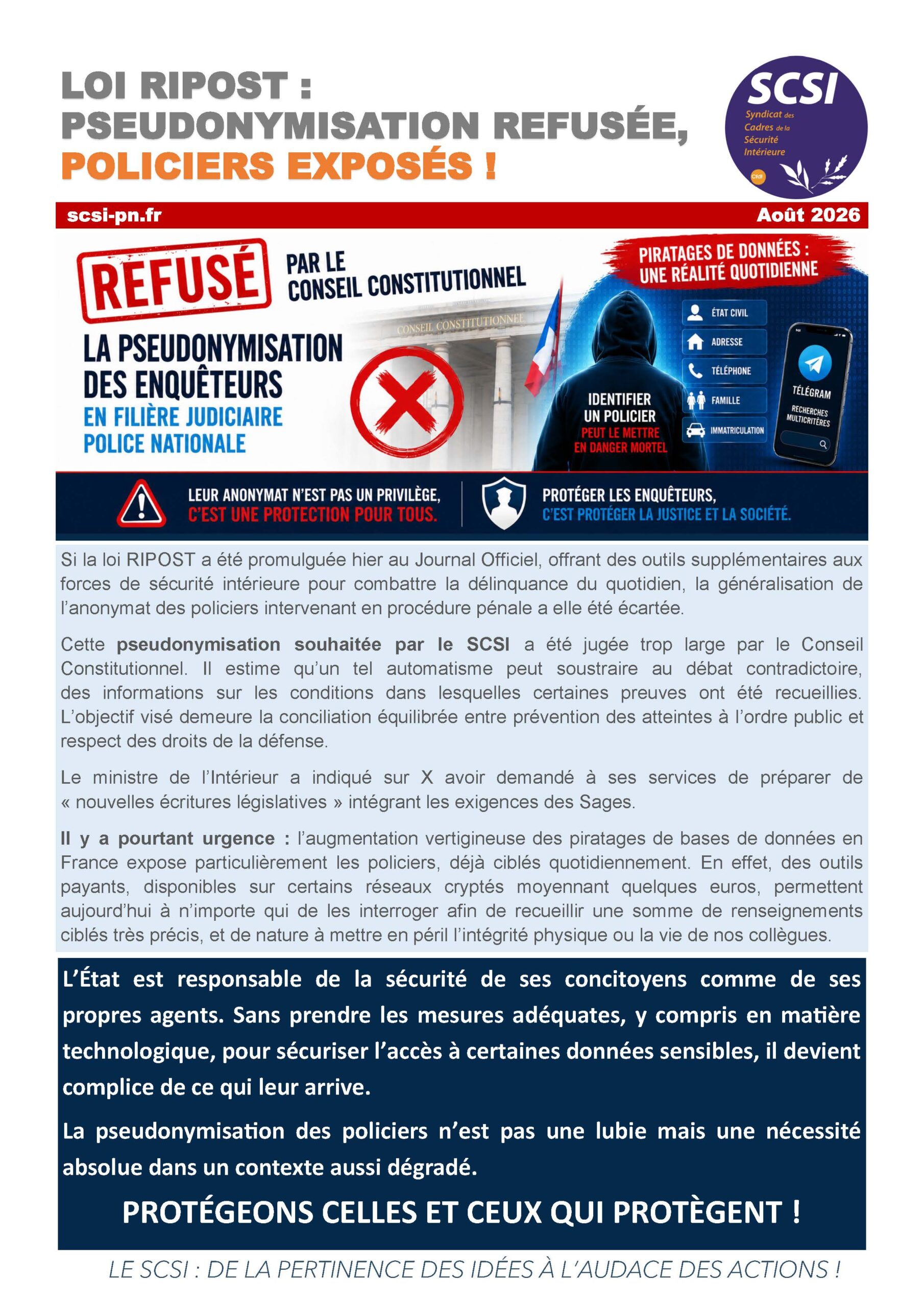 LOI RIPOST : PSEUDONYMISATION REFUSÉE, POLICIERS EXPOSÉS !