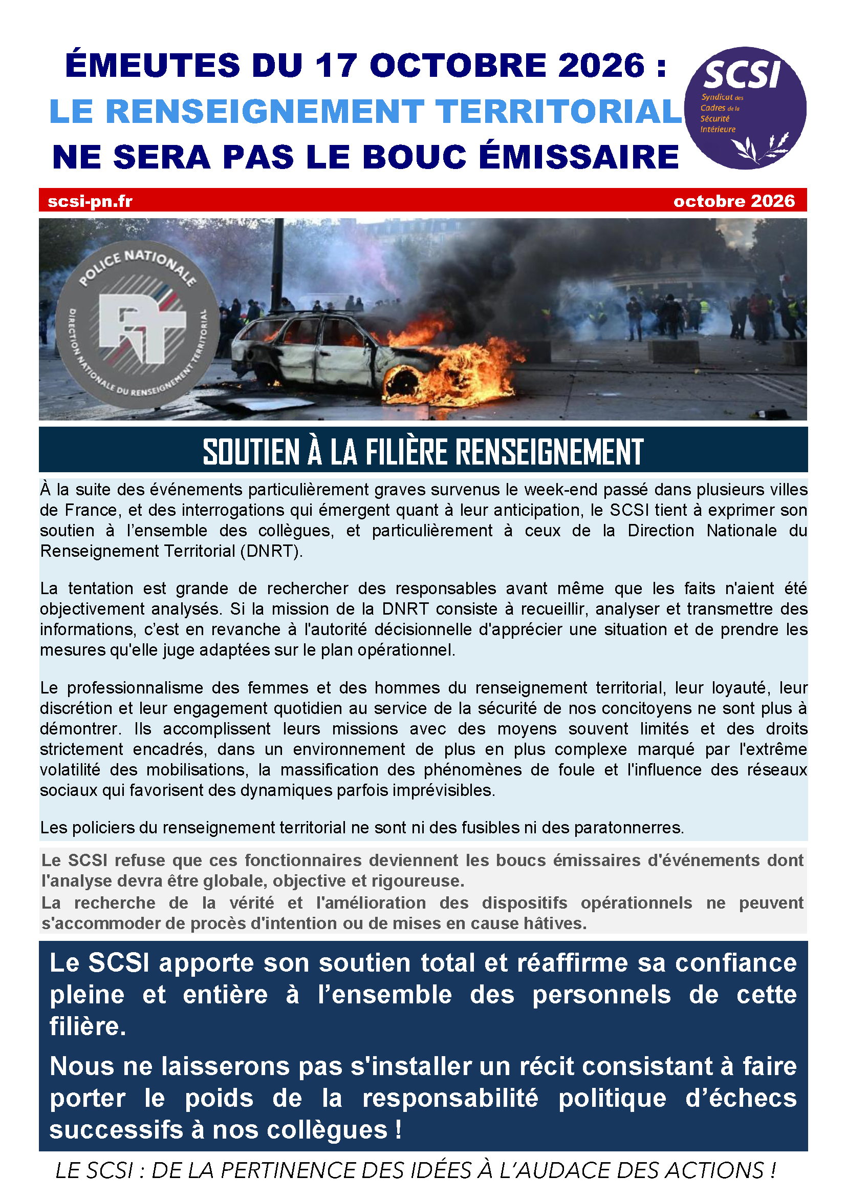 ÉMEUTES DU 17 OCTOBRE 2026 : LE RENSEIGNEMENT TERRITORIAL NE SERA PAS LE BOUC ÉMISSAIRE